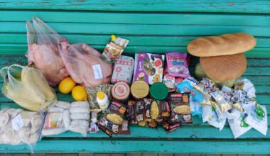 Ruokatarvikkeita turkoosilla penkillä: leipää, lihaa, hedelmiä, paketteja ja muovipusseja, yhteensä runsas valikoima.