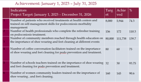 Kaavio esittää hankkeen tavoitteet ja saavutukset podokonioosin hoidossa ja koulutuksessa 2023–2025.
