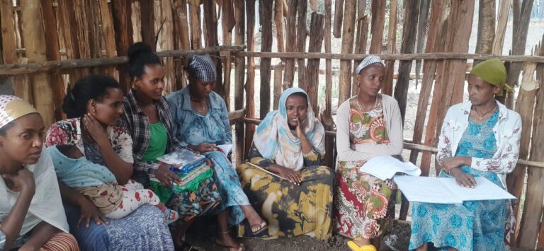 Seitsemän naista keskustelee puumökissä. Jollain on vauva sylissä, useilla muistiinpanoja. Tunnelma on keskittynyt.