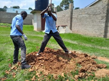 Kaksi miestä kaivaa maata nurmikolla. Taustalla vedenpuhdistussäiliö ja kivimuuri.