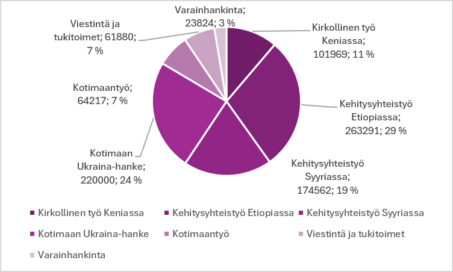 Pylväsdiagrammi esittää eri hankkeiden osuudet, joissa suurin osa on Kehitysyhteistyö Etiopiassa (29 %) ja Kotimaan Ukraina-hanke (24 %).